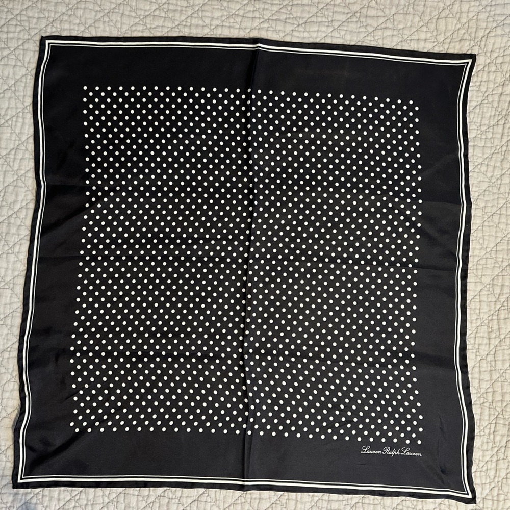 NWT 100% Silk Lauren Ralph Lauren Navy and White Polka Dot Scarf
